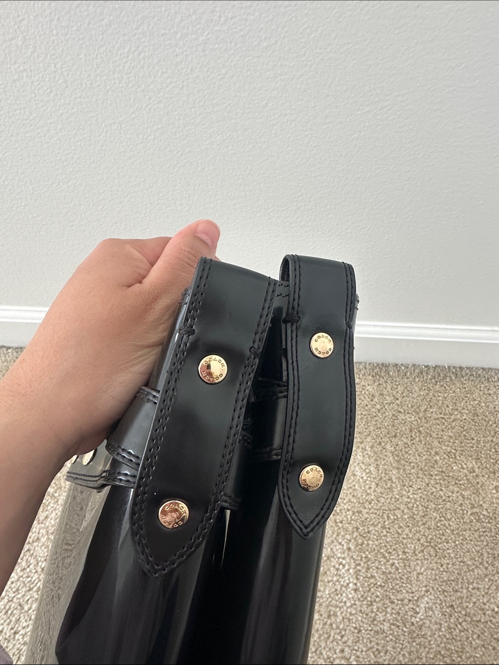Coach Patent Black Knee-High Rain Boots with Gold Accent - Picture 5 of 14